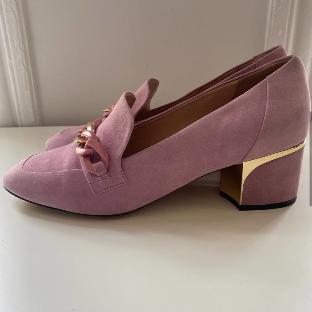 Cole Haan Collection Chain Pink Suede Heel Loafers sz 9 - Picture 12 of 15